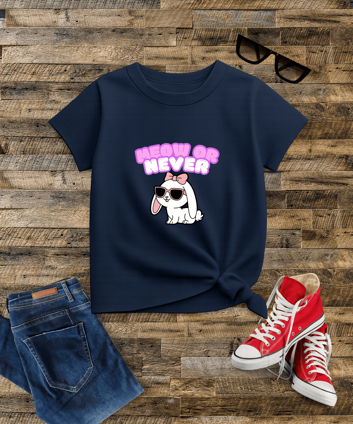 "Meow or Never" Girl's Crew Neck T-Shirt