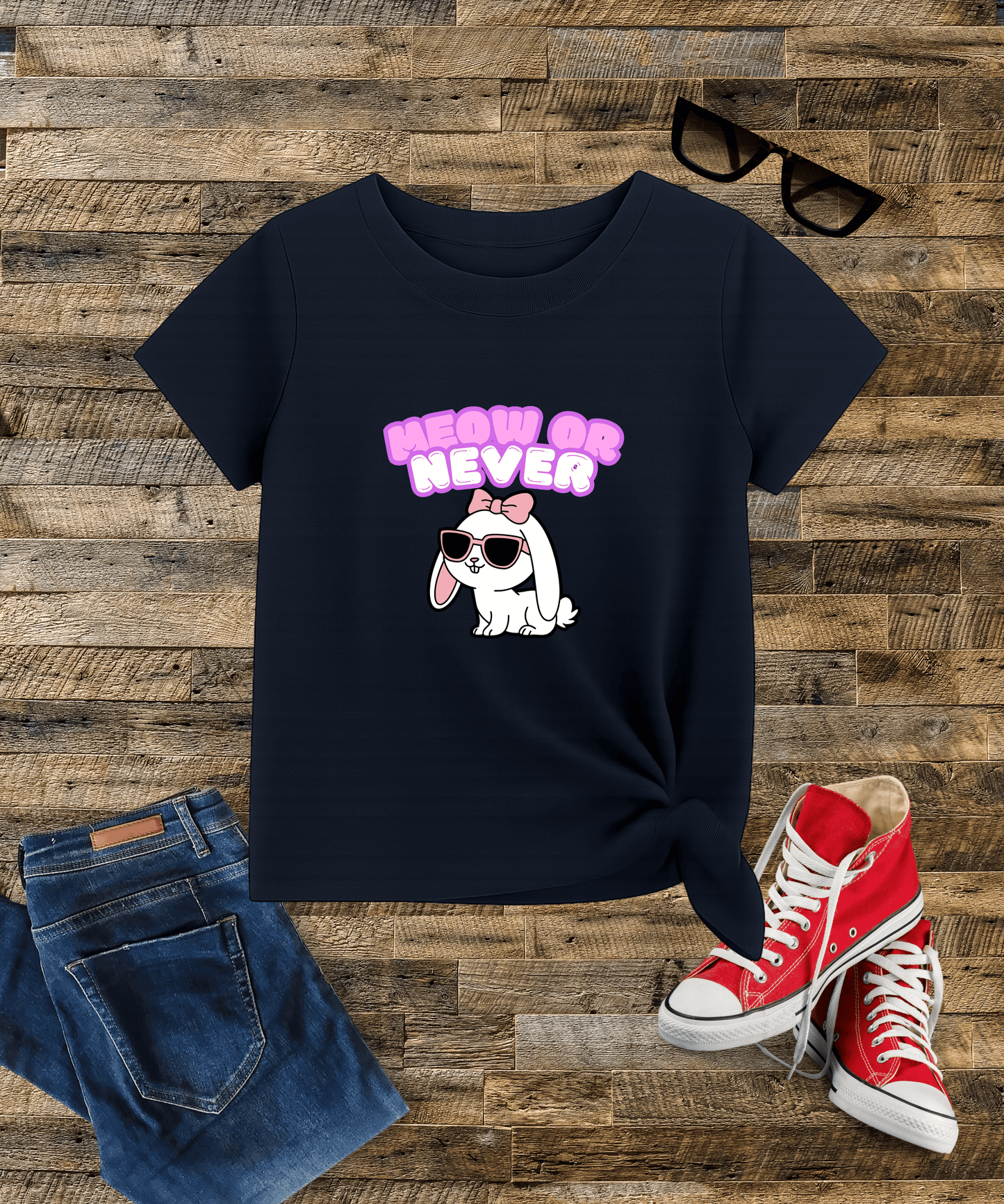 "Meow or Never" Girl's Crew Neck T-Shirt