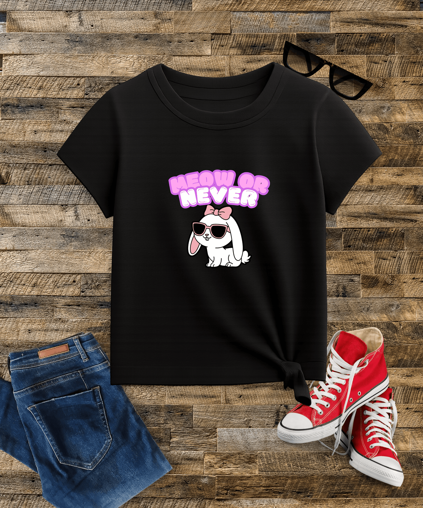"Meow or Never" Girl's Crew Neck T-Shirt