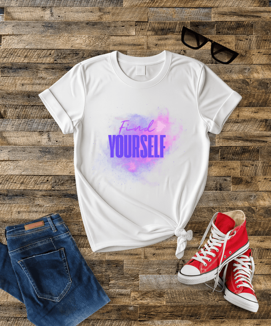 "Find Yourself" Minimal Typography Female T-Shirt Bright Colors – Elegant & Everyday Comfort