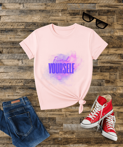 "Find Yourself" Minimal Typography Female T-Shirt Bright Colors – Elegant & Everyday Comfort