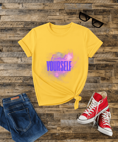 "Find Yourself" Minimal Typography Female T-Shirt Bright Colors – Elegant & Everyday Comfort